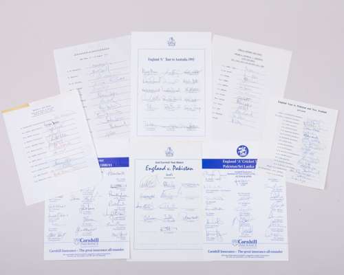 Ten England autographed team sheets, 1973-1993