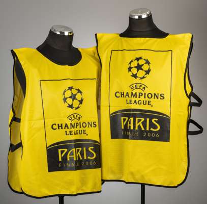 Two 2006 UEFA Champions League Final official yellow warm-up tabards from Arsenal v Barcelona at Stade de France, Paris, 17th May, 
 each with black b