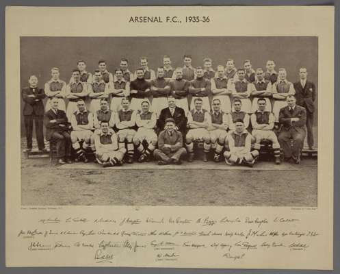 Arsenal FC b&w The Star team and management paper image, season 1935-36,
 in seated and standing pose with facsimile signatures below, bears upper edg