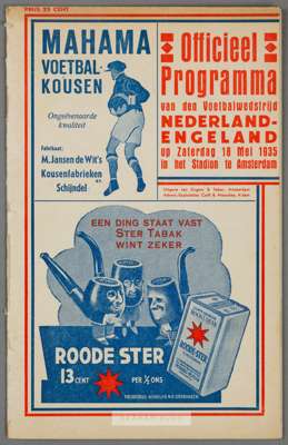 Netherlands v England international programme played at the Olympic Stadium, Amsterdam, 18th May 1935,
 24-page with stiff outer covers, very good con