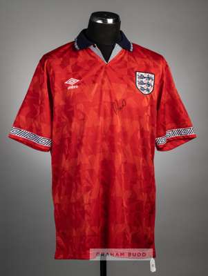 Gary Stevens signed red England no.2 away jersey, 1990s,
 Umbro, short-sleeved with embroidered England three lion badge and Umbro logo, reverse numbe