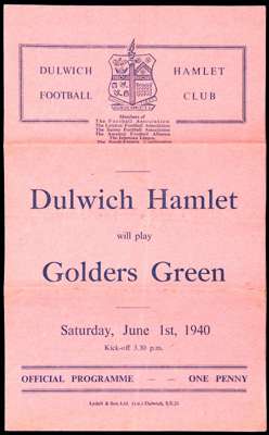 11 Dulwich Hamlet home programmes season 1939-40, including fixtures v Wimbledon, Golders Green, Ilford etc., all have folds, but generally fair to go