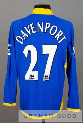 Calum Davenport blue and yellow Tottenham Hotspur no.27 away jersey, season 2005-06,
 long-sleeved with BARCLAYS PREMIERSHIP sleeve badges, club crest