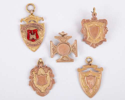 Joseph Dines five various 9ct gold medals