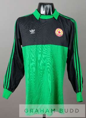 Georgi Velinov black and green PFC CSKA Sofia no.1 goalkeeper's jersey, circa 1980s,
 by Adidas, long-sleeved with padded elbows, club crest and spons