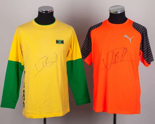 Two Usain Bolt autographed tops