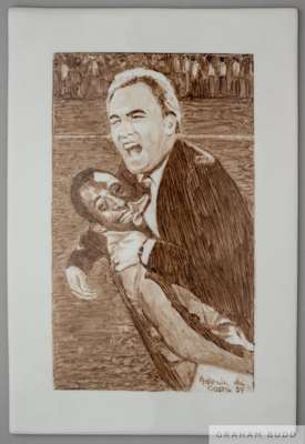 A ceramic tablet presented to Pelé on February 25, 1997
 featuring an image of Pelé and his beloved coach and teacher, Julio Mazzei.,13 3/4 by 9 9/16 