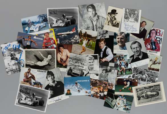 Twenty-nine autographed sporting cards, 
 including Jackie Stewart, James Hunt, Sterling Moss, Nigel Mansell, Daley Thomson, Brendan Foster, David Col