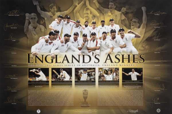 Signed England's Ashes 'The 2010-2011 Ashes series in Australia, England Winners 3-1' limited edition print,
 featuring an images of the England squad