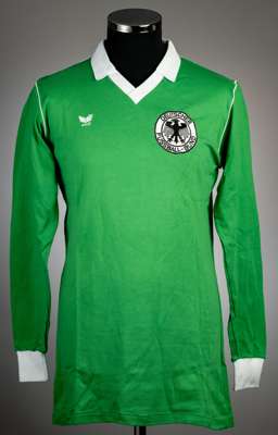 Green West Germany U-21 no.8 away jersey, circa 1982,
 Erima, long-sleeved with cloth DFB badge, with collar and cuffs, reverse numbered 8, size L

 I