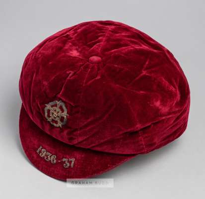 Red England v Wales international cap awarded to Preston North End's goalkeeper George "Harry" Holdcroft in season 1936-37,
 bearing the England rose 