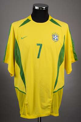 Ronaldinho yellow & green Brazil Brazil No.7 jersey from the 2003 FIFA Confederations Cup in France,
 by Nike with extensive ventilation meshing, shor