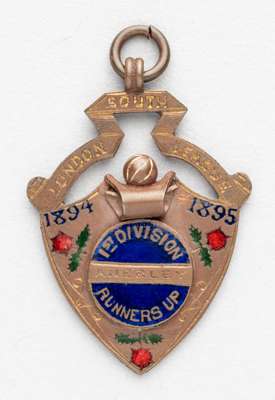 South London Football League Division One runners-up medal awarded to an Anerley FC player in season 1894-95,
 recipient unknown, shield shaped bronze