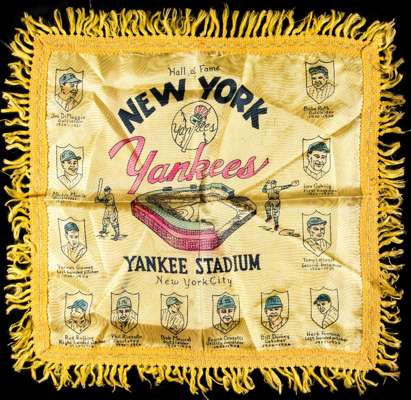 New York Yankees Hall of Fame commemorative 'silk', honouring the players Babe Ruth, Lou Gehrig, Tony Lazzeri, Herb Pennock, Bill Dickey, Frank Croset