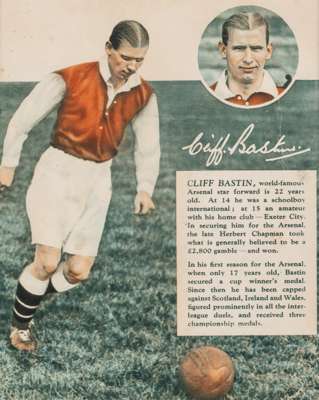 Arsenal's Cliff Bastin trade card, 
 featuring Cliff Bastin in club kit and a portrait image above legend, mounted glazed and framed, overall 29 by 26