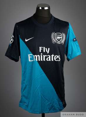 Per Mertesacker dark blue No.4 Arsenal v. Marseille Champions League match worn short-sleeved shirt, 2011-12, 
 Nike, XL, with crew-neck collar and pr