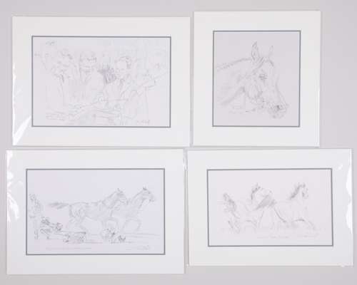 Four original horse racing pencil drawings by David Dent (British, b.1959)