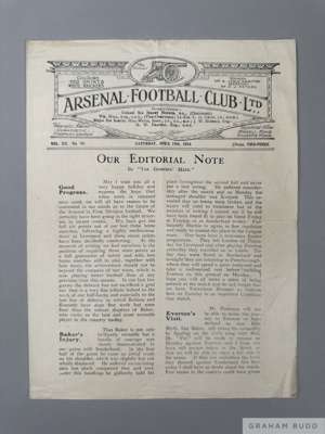 Arsenal v. Crystal Palace reserve home match programme, 19th April 1924
 large format, signs of folds