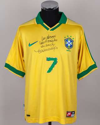 Edmundo yellow and green No.7 Brazil v. El Salvador Copa America short-sleeved shirt, 1998