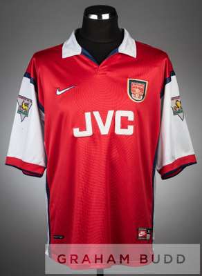 Marc Overmars red and white Arsenal no.11 home jersey, season 1998-99,
 short-sleeved with THE FA PREMIER LEAGUE CHAMPIONS 1997-1998 sleeve badges, cl