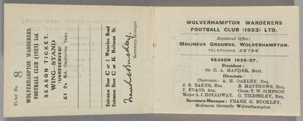 Wolverhampton Wanderers season ticket for 1936-37,

 Good condition