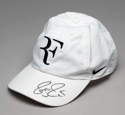 Roger Federer signed white Credit Suisse/RF cap,
 white cap with RF emblem, embroidered with FEDERER and CREDIT SUISSE, signed in black marker pen on 
