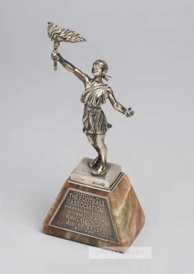 King George's Jubilee Trust silver trophy presented to the Preston North End goalkeeper George "Harry" Holdcroft, 
 on marble base inscribed "presente