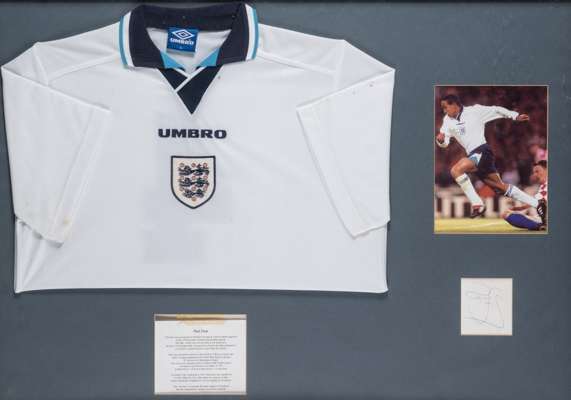 Paul Ince white England jersey worn in the build up to the 1996 Euro's, 
 Umbro, short-sleeved with national three lion emblem, folded and mounted wit