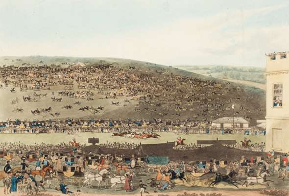 By and After James Pollard (1792-1867) EPSOM RACES colour aquatint, Derby Day circa 1820, black & gilt Hogarth frame, overall 40 by 56cm. 