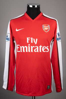 Andrey Arshavin red and white No.23 Arsenal long-sleeved jersey, 2008-1,
 Nike, M, with v-neck collar and embroidered cloth badge inscribed ARSENAL, t