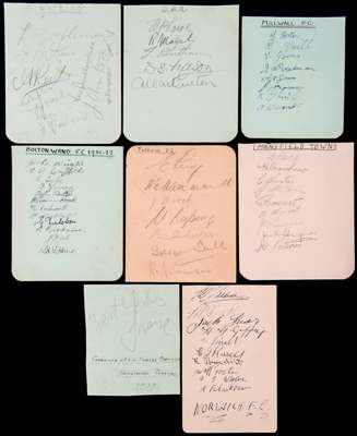 1930s football autographs, on pages removed from an album, teams comprising Norwich (9 players), Millwall (8), Bolton (12), Fulham (7), QPR (11 over 2