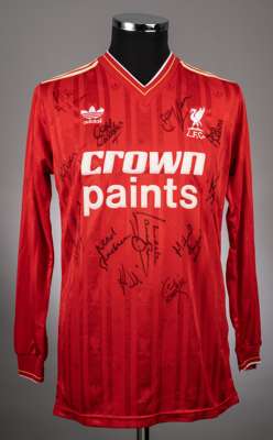 Red Liverpool FC No.14 home jersey 1986-87 season autographed by 12 members of the squad,
 Player issue Adidas long sleeved example with no badges on 