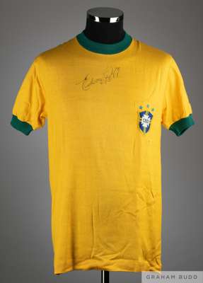 Pele yellow and green No.10 Brazil International short-sleeved shirt, 1971, 
 Athleta, with crew-neck collar and embroidered cloth badge inscribed CBD