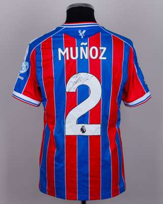 Daniel Muñoz red and blue No.2 Crystal Palace v. Brighton match worn shirt