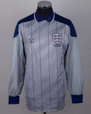 Peter Shilton blue and grey No.1 England match worn ‘Hand of God’ goalkeepers shirt, 1986
