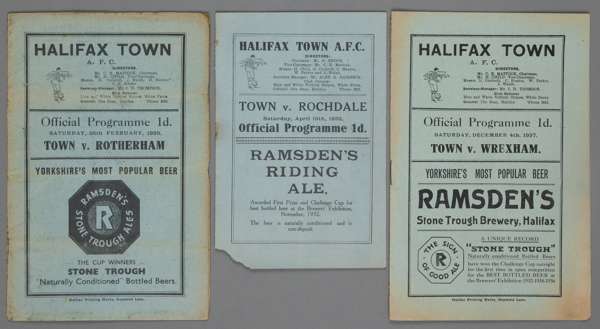 Three Halifax Town 1930s home programmes,
 F.L. Division Three (North) fixtures v Rochdale 15th April 1933, paper loss bottom left-hand corner; Wrexha