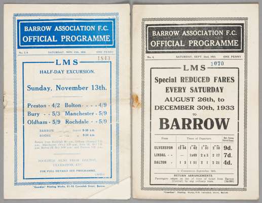Two Barrow home programmes,
 F.L. Division Three North fixtures v York City 23rd September 1933 and Doncaster Rovers 12th November 1938, (2)
