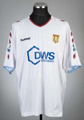 Luke Moore white Aston Villa no.22 away jersey, season 2004-05,
 Hummel, short-sleeved with BARCLAYS PREMIER LEAGUE sleeve badges, club crest and spon