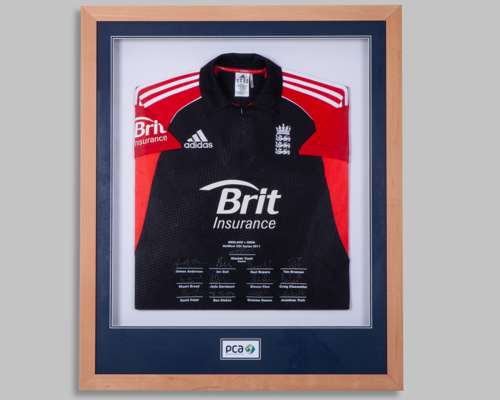 Blue and red England v. India NatWest ODI Series 2011 autographed cricket shirt display