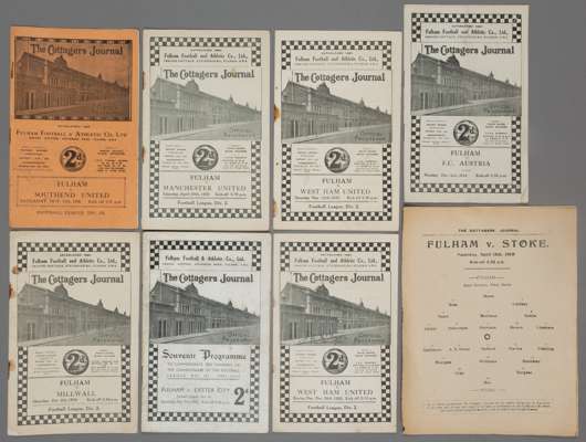 Eight Fulham home programmes dating between 1922 and 1938,

F.L. Division Two fixtures v Port Vale 2nd September 1922, West Ham United 26th December 1