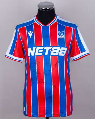 Red and blue Crystal Palace v. Liverpool match issued, squad signed Premier League shirt 2025