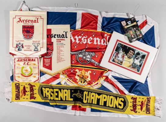 ARSENAL DOUBLE WINNERS 1970-71 SIGNED PHOTOGRAPH OF FRANK McLINTOCK HOLDING THE LEAGUE CHAMPIONSHIP AND FA CUP TROPHIES, 
 SOLD WITH THREE COMMEMORATI