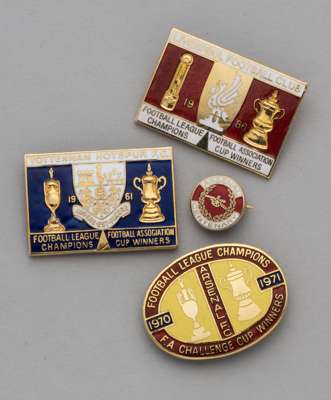 Three "Double" winning enamel lapel badges, 
 comprising Tottenham Hotspur, 1960-61, Arsenal 1970-71 and Liverpool, 1986 and an Arsenal Centenary lape