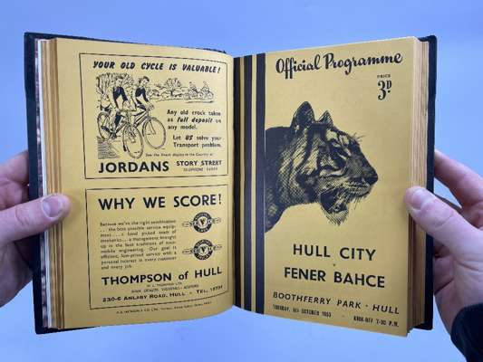 Bound volume of Hull City home match programmes, 1953-54 from Everton, 24th August 1953 to Grimsby Town, East Riding Invitation Trophy, 29th April 195