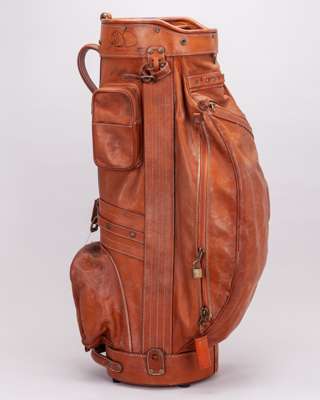 Schedoni Modena brown leather golf bag, with Ferrari logo autographed by Nigel Mansell