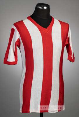 Red and white vertical striped Sevilla FC no.5 jersey, circa 1970s,
 woollen short-sleeved, reverse numbered 5, bears stitching holes of where a club 