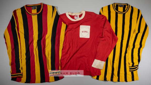 A group of three vintage football jerseys of unknown identity,
 comprising red no.11 long-sleeved jersey by Umbro, dating from the early 1960s and bea