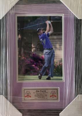 Jim Furyk (USA) signed action 8 by 12in. Golf photograph,
 professional framed/glazed with double mattes and plaque on player stats. Frame Size: 35 by