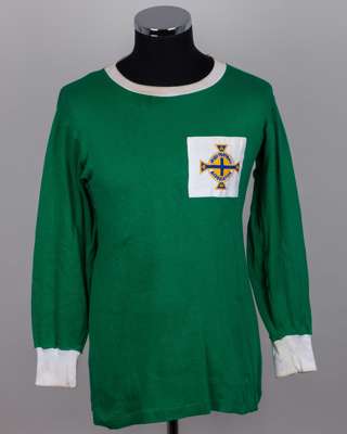 Green and white No.4 Northern Ireland match worn long-sleeved shirt, 1965-67