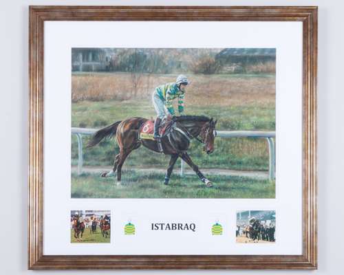 Adrian Dent (British, 1966) pastel drawing of Istabraq with Charlie Swan up